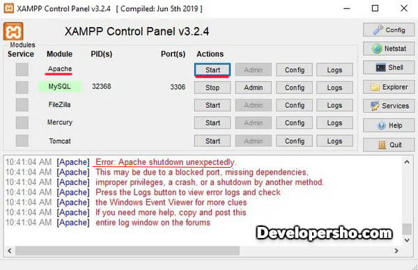علت خطای Apache shutdown unexpectedly در XAMPP