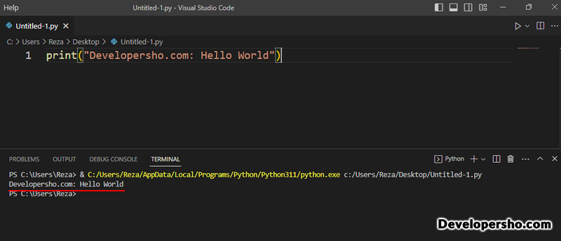 مشاهده کد اجرا شده پایتون در ترمینال ویژوال استودیو کد