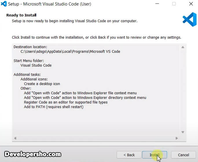 مرحله پنجم نصب Visual Studio Code در ویندوز